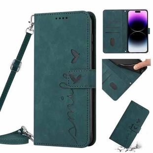 For iPhone 14 Pro Max Skin Feel Heart Pattern Leather Phone Case With Lanyard (Green)