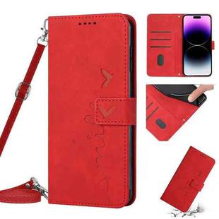 For iPhone 14 Pro Skin Feel Heart Pattern Leather Phone Case With Lanyard(Red)