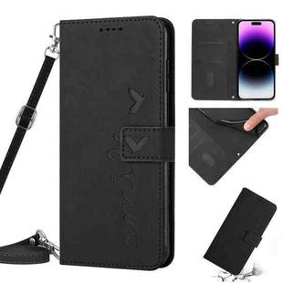 For iPhone 14 Pro Skin Feel Heart Pattern Leather Phone Case With Lanyard(Black)