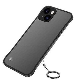 For iPhone 14 Plus Metal Lens Frosted Finger Ring Strap Phone Case (Black)