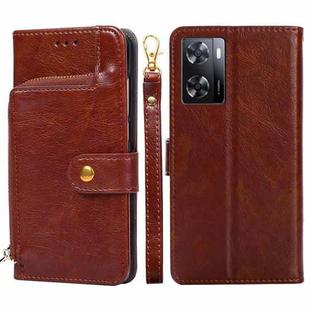 For OPPO A57 4G 2022 Zipper Bag Leather Phone Case(Brown)