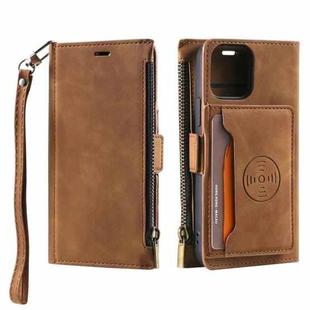 For iPhone 14 Pro Max Zipper Card Leather Phone Case (Brown)