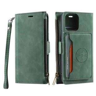 For iPhone 14 Pro Max Zipper Card Leather Phone Case (Green)