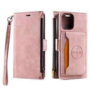 For iPhone 14 Zipper Card Leather Phone Case (Pink)