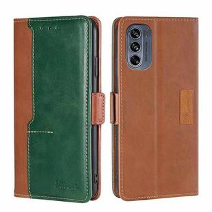 For Motorola Moto G62 5G Contrast Color Side Buckle Leather Phone Case(Light Brown+Green)