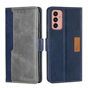 For Samsung Galaxy M13 Contrast Color Side Buckle Leather Phone Case(Blue+Grey)