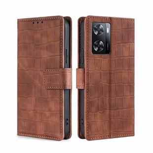For OPPO A57 4G 2022 Skin Feel Crocodile Magnetic Clasp Leather Phone Case(Brown)