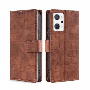 For OPPO Reno7 A JP Version Skin Feel Crocodile Magnetic Clasp Leather Phone Case(Brown)
