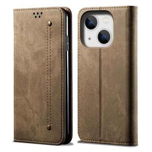 For iPhone 14 Plus Denim Texture Casual Style Leather Phone Case (Khaki)