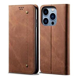 For iPhone 14 Pro Denim Texture Casual Style Leather Phone Case(Brown)