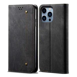 For iPhone 14 Pro Max Denim Texture Casual Style Leather Phone Case(Black)