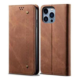 For iPhone 14 Pro Max Denim Texture Casual Style Leather Phone Case(Brown)