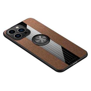 For iPhone 14 Pro Max XINLI Stitching Cloth Textue Ring Holder TPU Case (Brown)