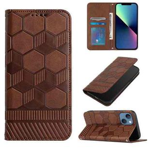 For iPhone 14 Plus Football Texture Magnetic Leather Flip Phone Case (Brown)