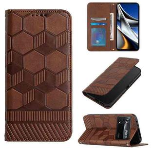 For Xiaomi Poco M4 Pro 5G Football Texture Magnetic Leather Flip Phone Case(Brown)