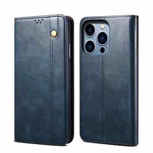 For iPhone 14 Pro Simple Wax Crazy Horse Texture Horizontal Flip Leather Case(Navy Blue)