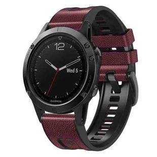 For Garmin Fenix 7X Silicone + Leather Quick Release Watch Band(Wine Red)