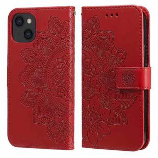 For iPhone 14 7-petal Flowers Embossing Leather Case (Red)