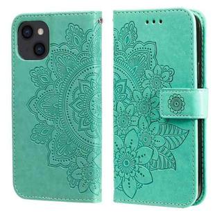 For iPhone 14 7-petal Flowers Embossing Leather Case (Green)