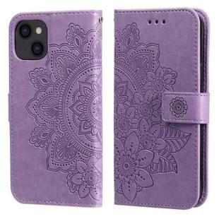 For iPhone 14 7-petal Flowers Embossing Leather Case (Light Purple)