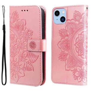For iPhone 14 Plus 7-petal Flowers Embossing Leather Case (Rose Gold)