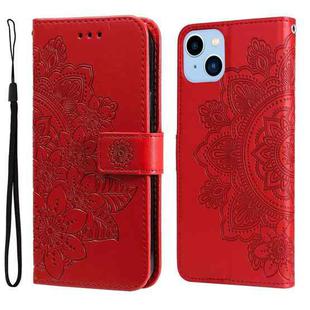 For iPhone 14 Plus 7-petal Flowers Embossing Leather Case (Red)