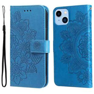 For iPhone 14 Plus 7-petal Flowers Embossing Leather Case (Blue)