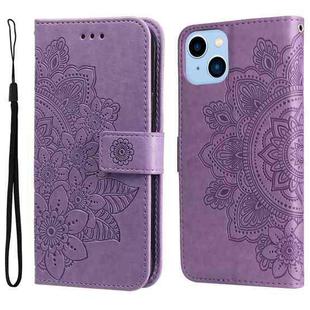 For iPhone 14 Plus 7-petal Flowers Embossing Leather Case (Light Purple)