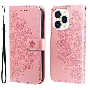 For iPhone 14 Pro 7-petal Flowers Embossing Leather Case(Rose Gold)