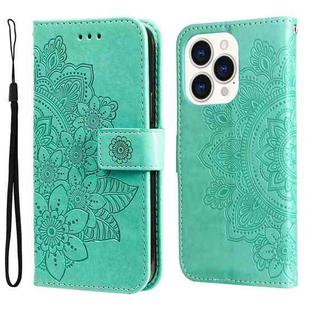 For iPhone 14 Pro 7-petal Flowers Embossing Leather Case(Green)