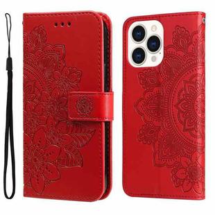 For iPhone 14 Pro Max 7-petal Flowers Embossing Leather Case (Red)