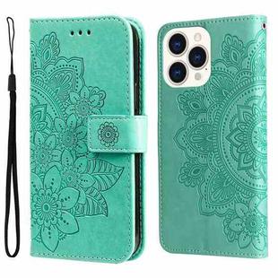 For iPhone 14 Pro Max 7-petal Flowers Embossing Leather Case (Green)