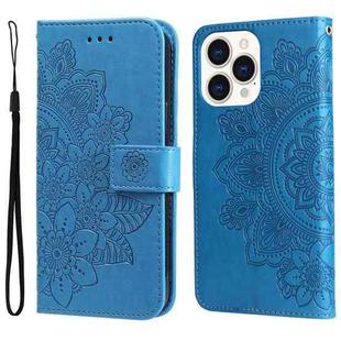 For iPhone 14 Pro Max 7-petal Flowers Embossing Leather Case (Blue)