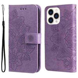 For iPhone 14 Pro Max 7-petal Flowers Embossing Leather Case (Light Purple)