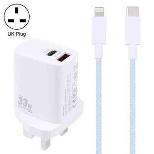 PD 33W USB-C / Type-C+QC 3.0 USB Dual Port Charger with 1m 27W USB-C / Type-C to 8 Pin PD Data Cable, Specification:UK Plug(White+Blue)