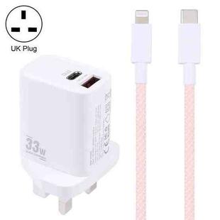 PD 33W USB-C / Type-C+QC 3.0 USB Dual Port Charger with 1m 27W USB-C / Type-C to 8 Pin PD Data Cable, Specification:UK Plug(White+Pink)
