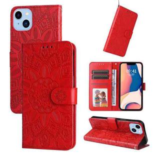 For iPhone 14 Embossed Sunflower Leather Phone Case (Red)