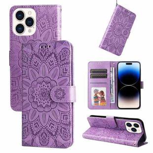 For iPhone 14 Pro Embossed Sunflower Leather Phone Case(Purple)