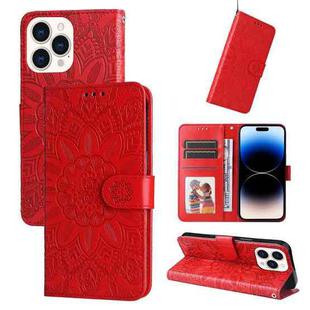 For iPhone 14 Pro Embossed Sunflower Leather Phone Case(Red)