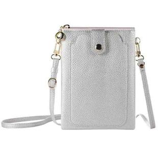Litchi Texture Card Holder Mobile Phone Zipper Bag with Long Strap(Silver)