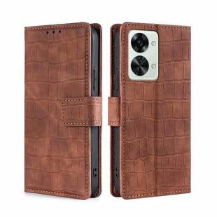 For OnePlus Nord 2T Skin Feel Crocodile Magnetic Clasp Leather Phone Case(Brown)