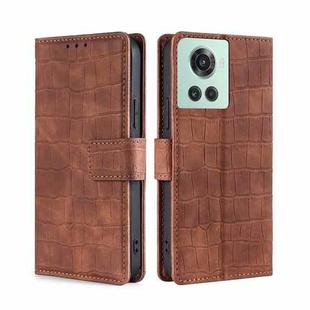 For OnePlus Ace/10R Skin Feel Crocodile Magnetic Clasp Leather Phone Case(Brown)