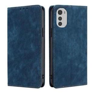 For Motorola Moto E32 4G RFID Anti-theft Brush Magnetic Leather Phone Case(Blue)