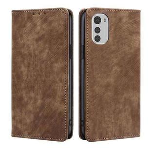 For Motorola Moto E32 4G RFID Anti-theft Brush Magnetic Leather Phone Case(Brown)