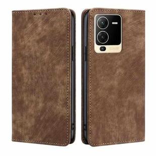 For vivo S15 5G RFID Anti-theft Brush Magnetic Leather Phone Case(Brown)