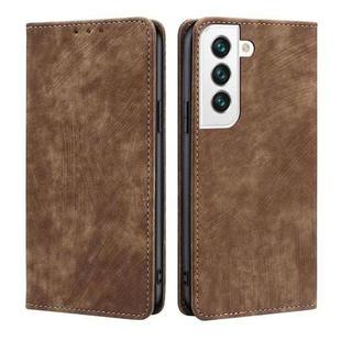 For Samsung Galaxy S21 FE 5G RFID Anti-theft Brush Magnetic Leather Phone Case(Brown)