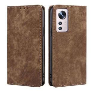 For Xiaomi 12 RFID Anti-theft Brush Magnetic Leather Phone Case(Brown)