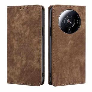 For Xiaomi 12S Ultra RFID Anti-theft Brush Magnetic Leather Phone Case(Brown)