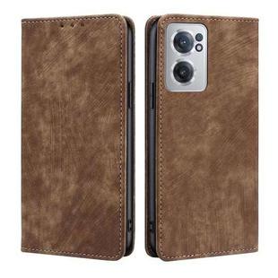 For OnePlus Nord CE 2 5G RFID Anti-theft Brush Magnetic Leather Phone Case(Brown)