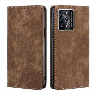 For ZTE Blabe V30 RFID Anti-theft Brush Magnetic Leather Phone Case(Brown)